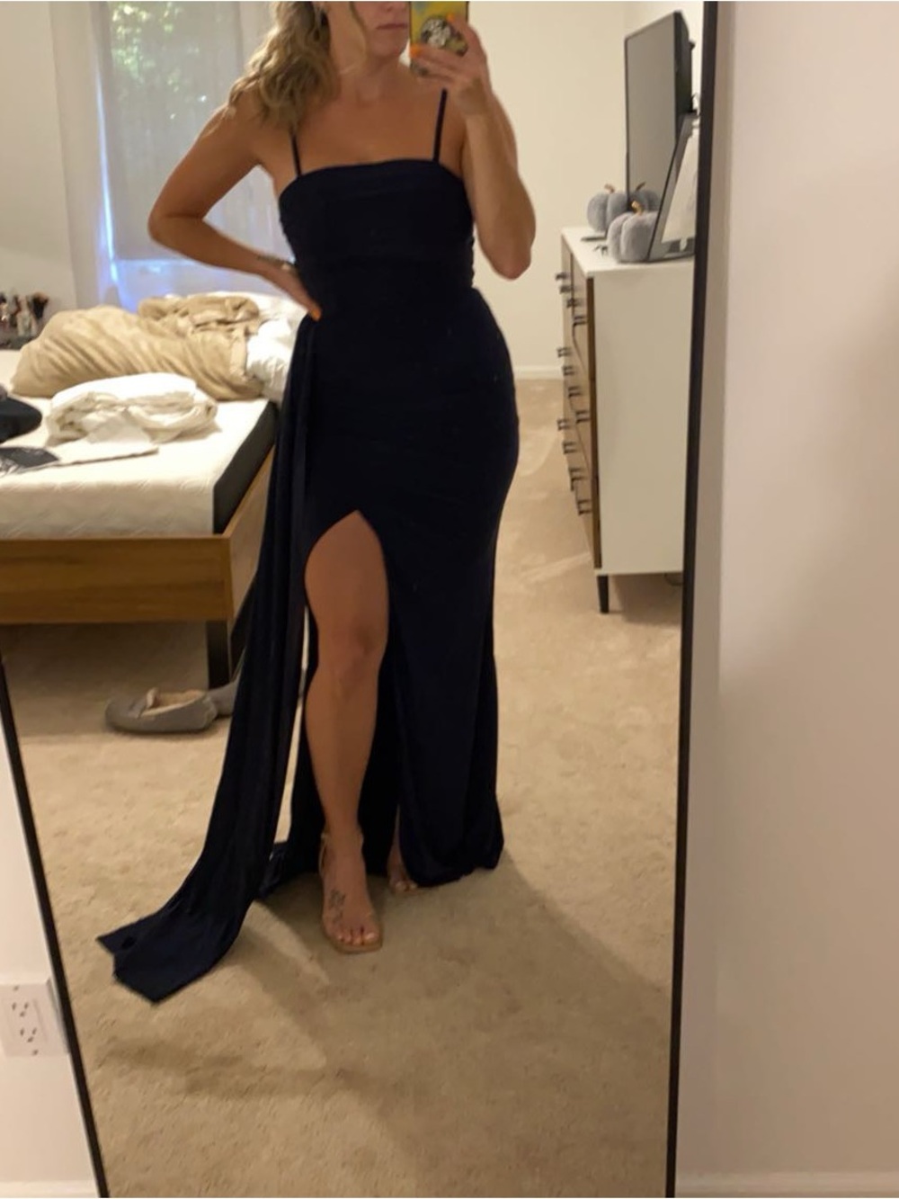 Club L London Navy Spaghetti-Strap Maxi Dress with High Slit